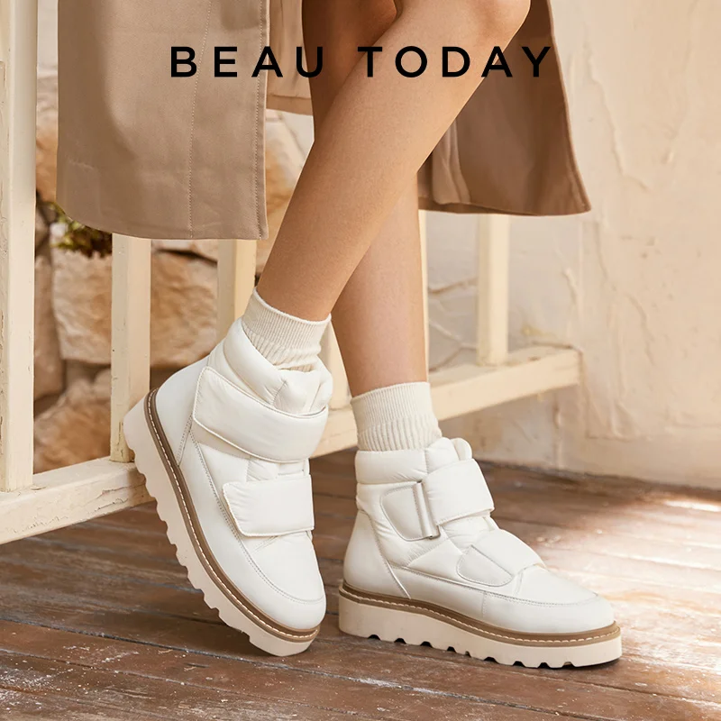 BEAUTODAY Ankle Boots Women Down Fabric Round Toe Solid Color Platform Hook and Loop Non-slip Winter Snow Boots Handmade 08064