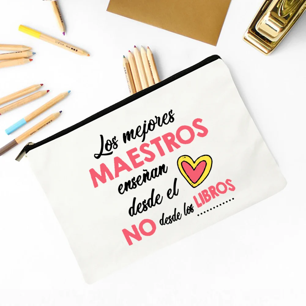 Spanish Print Teacher Gift Makeup Bags Teacher Canvas Pencil Storage Pouch Best Teacher In The World Travel Toiletries Organizer