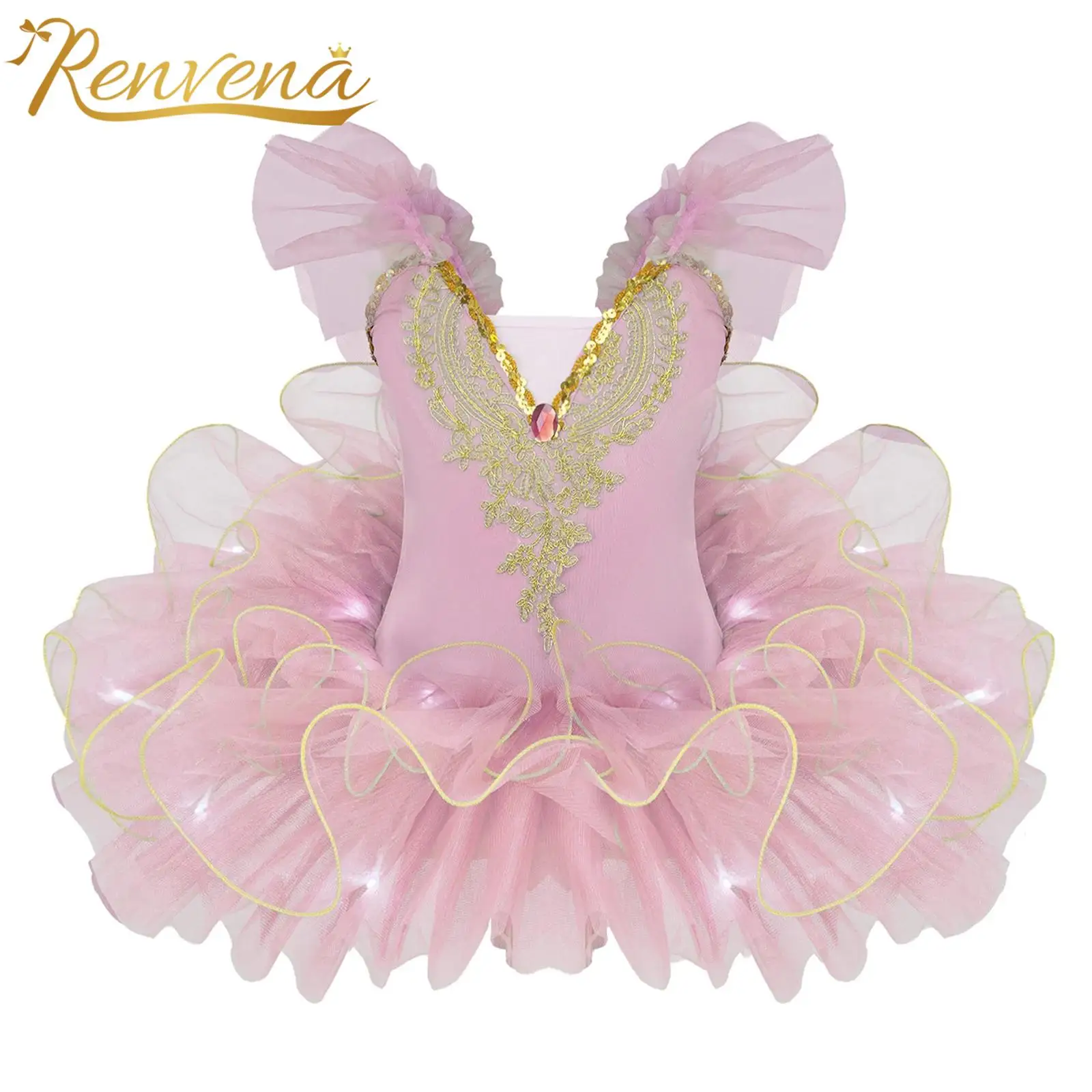 Ballerina Swan Lake Costume Dance Wear Kids Girls Ballet Performance Costume Ruffle Sleeve Tulle Tutu Princess Party Dress