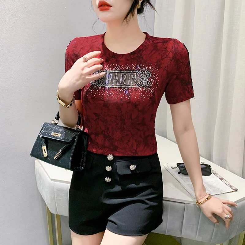 MadBlack Summer European Clothes T-Shirt Woman O Necks Mesh Patchwork Hot Drill Slim Tops Short Sleeve Elastic Tees Hand T34602C