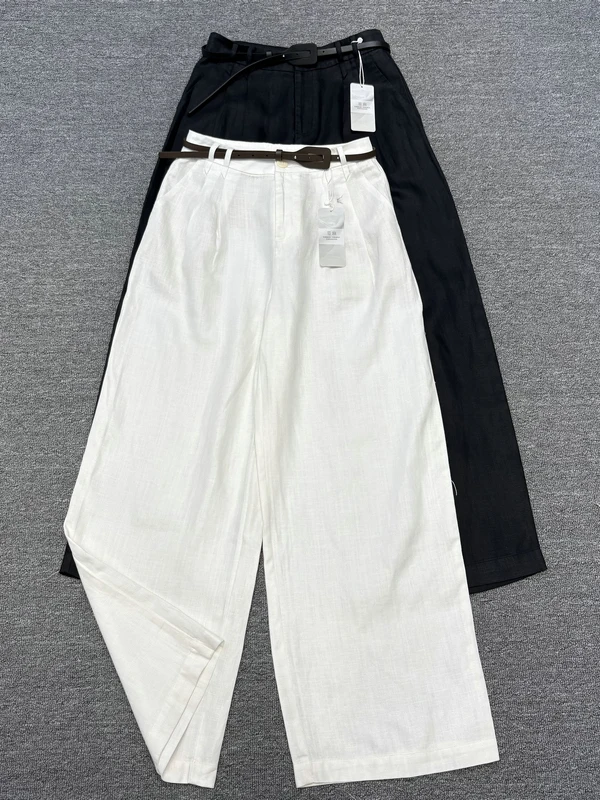 

Casual Straight Leg Linen Pants Women's Autumn Fashion High Waist Belted Long Trousers Pear Shape Life Style Classic Money