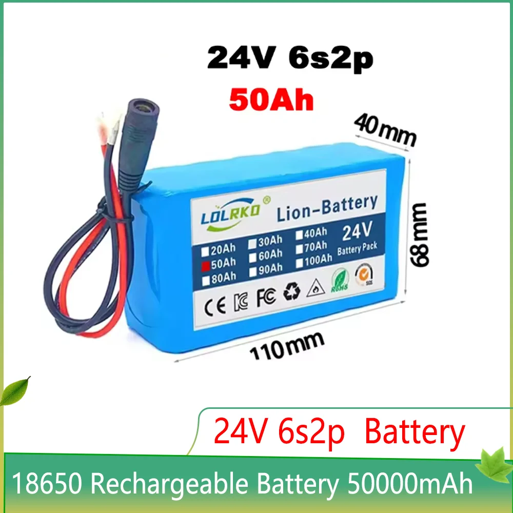 24 V 50 Ah 18650 Lithium-Akku – 6S2P 50000 mAh wiederaufladbarer Li-Ionen-Akku mit Schnellladegerät, sicher und langlebig