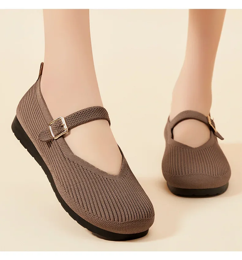 

Women's shallow flat shoes, new for spring and autumn 2025, mother's shoes, tower buckle knitted upper, women's shoes