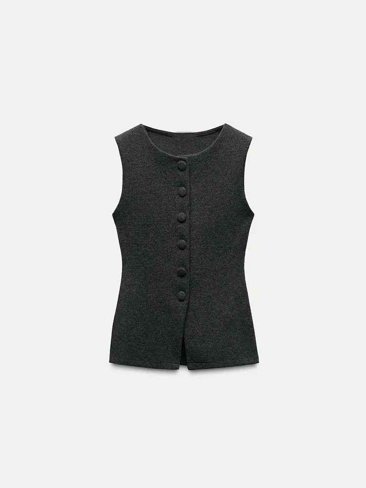 Spring 2025 New Women's Soft ell Button-Up Vest Sle Svel round Ne Top Commute Sle Single Piece Regular Length