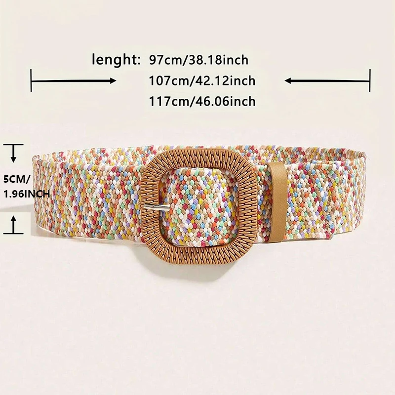 Women Boho Colorful Trendy Straw Belt Trendy Round Buckle Wide Belts Classic Summer Beach Waistband For Women Girls
