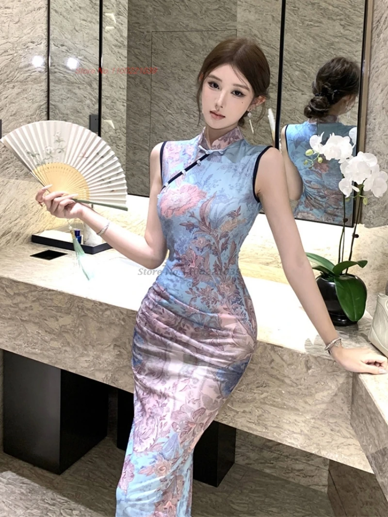 

2026 chinese sexy cheongsam sleeveless qipao national flower print evening party dress traditional banquet qipao nightclub dress