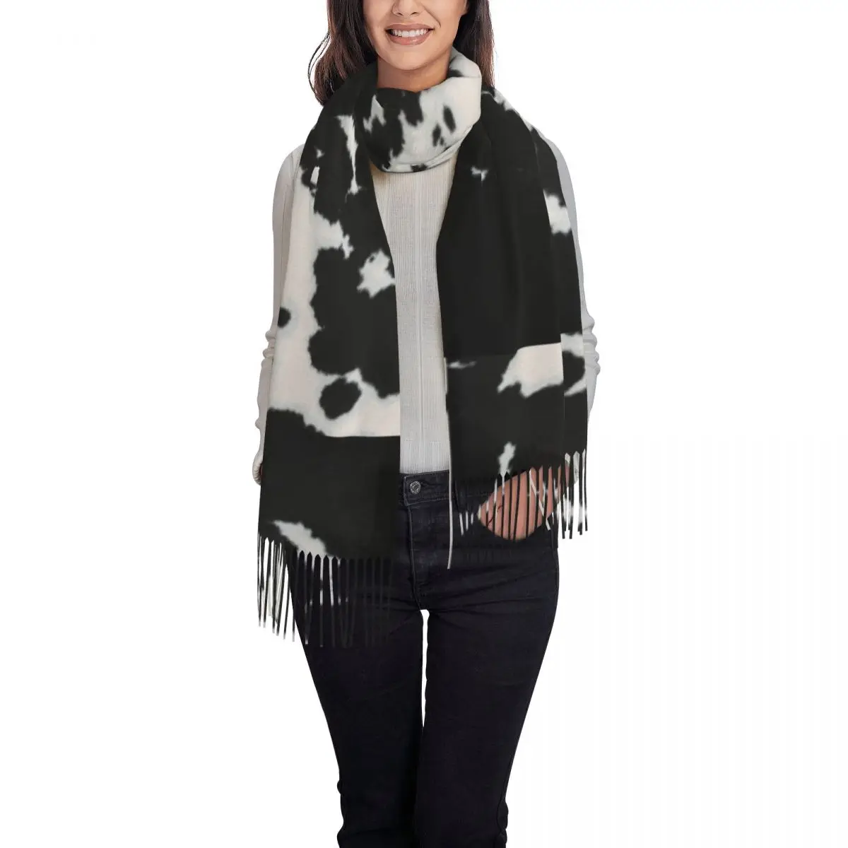 Luxury Black Spotty Cowhide Animal Pattern Tassel Scarf Women Winter Warm Shawls Wraps Ladies Fur Hide Skin Leather Scarves