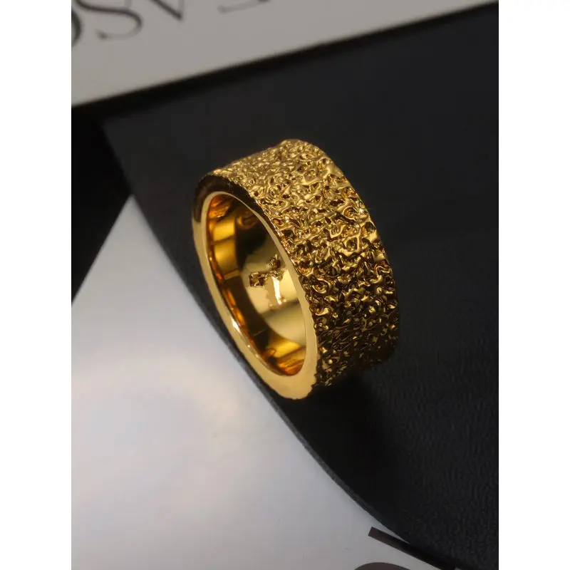 24k 999 gold ring, wide version hammered ring, men's high-end fashion, trendy and sophisticated