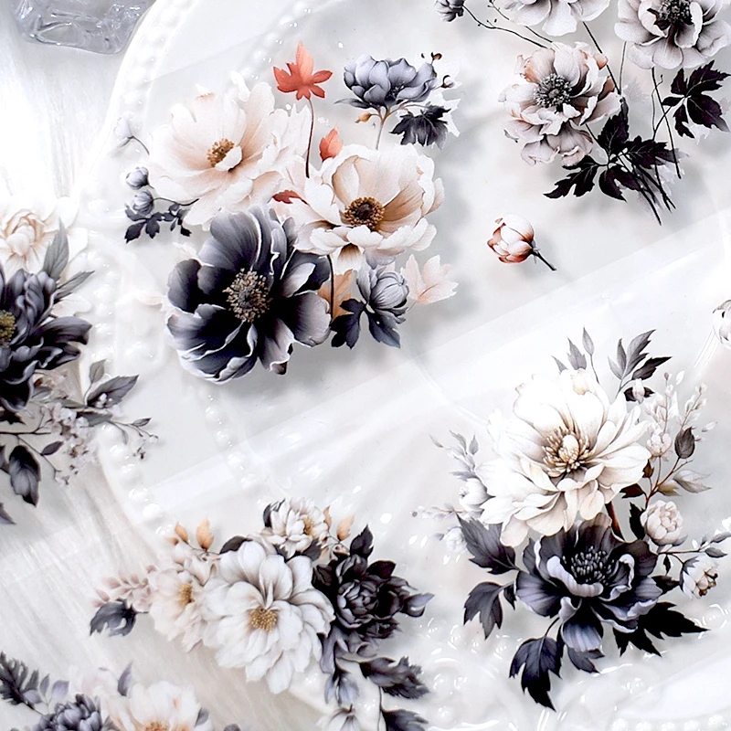 2M/rol pita hias gaya tinta pita hewan peliharaan bunga hitam dan putih untuk alat tulis jurnal perencana buku tempel pembuatan kartu