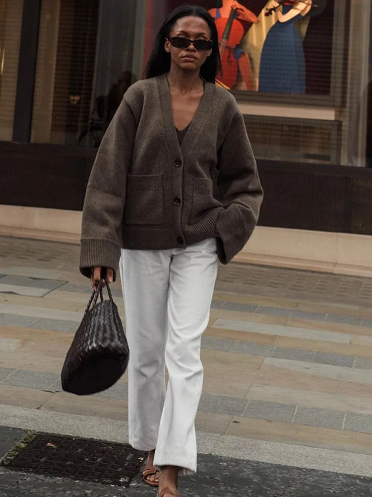 Cárdigan de punto de Color liso para mujer, elegante cárdigan con cuello en V, manga larga con una hilera de botones y jersey con bolsillo, prendas