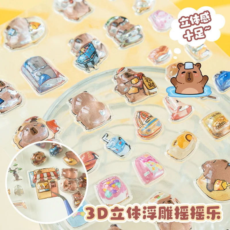 1PCS Kawaii Cartoon Capybara 3D Transparent Gelee Aufkleber Kristall Blase Relief Kinder Aufkleber Für Telefon Fall Notebook Gitarre