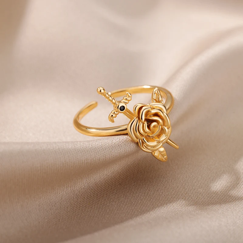 Vintage Rose Flower Sword Pendants Rings For Women Stainless Steel Romantic Flower Finger Couple Ring Wedding  Jewelry Gift 2025