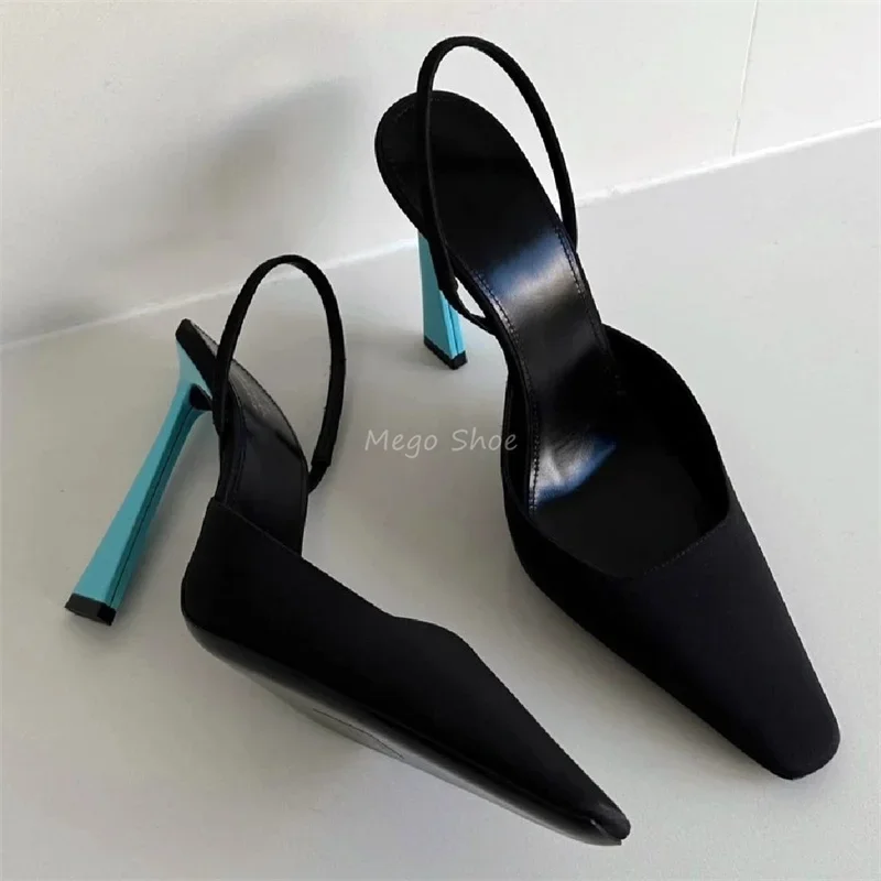 2024 New Summer Square Toe Shallow High Heels Sandals Blue Color Heels Black Silk Stiletto Shoes for Women Brand Design Shoe