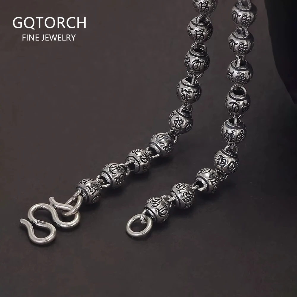 

6mm 925 Sterling Silver Men's Beads Ball Chain Necklace with Six Words Mantra Engraved Retro Vintage Buddhist Jewelry