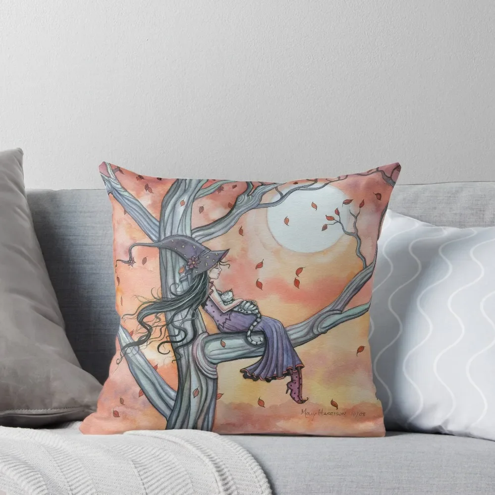 Fall Slumber Witch and Cat in Tree Molly Harrison Fantasy Art Throw Pillow Anime luxury home accessories pillow