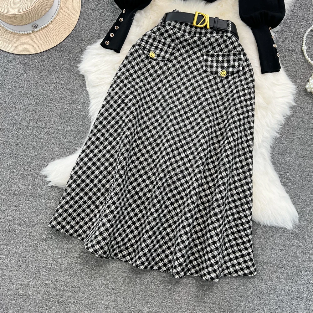 Two Piece Skirt Set Women\'s Autumn Winter Lantern Long sleeved Sweater Slim Fit Knitted Top High Waist Checkered Skirt