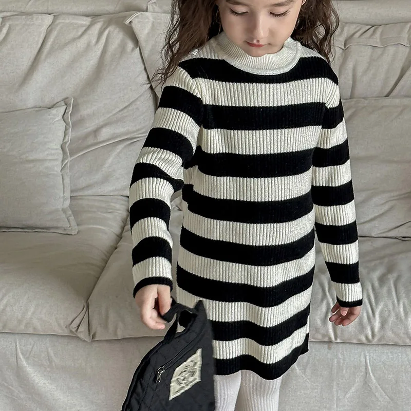 Korean Style Girls Sweater Dresses New 2023 Autumn Winter Girls Knitted Striped Dress