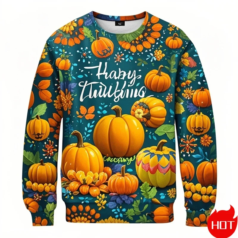 

Harajuku New 3D Printing Happy Thanksgiving Day Sweatshirts Turkey Pumpkin Graphic Round Neck Sweatshirts Y2k Mens Clothing Tops