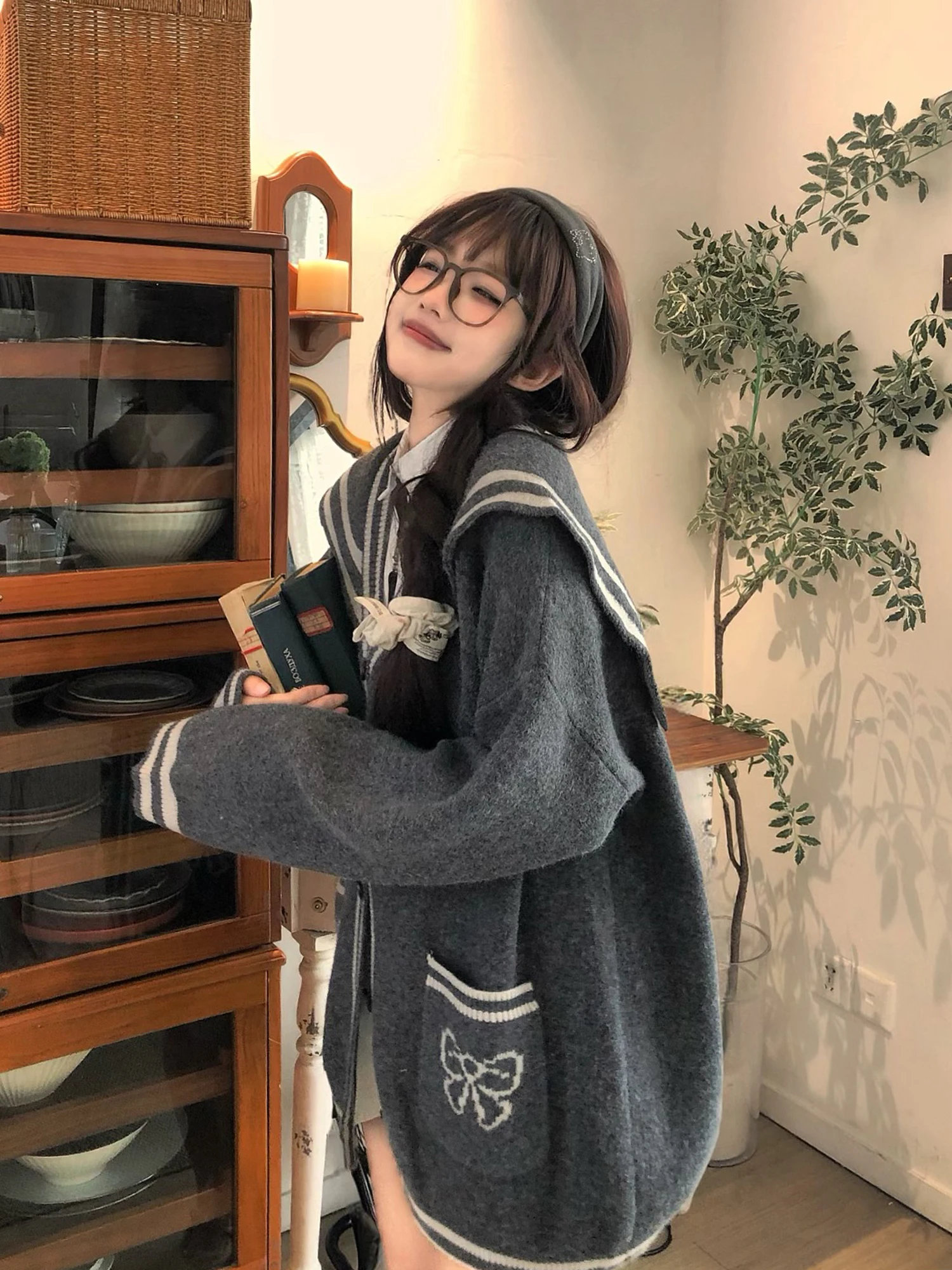 

TUDOU Navy Collar Open Cardigan Sweater Women Loose Lazy Sle College Wind Autumn New Arrival Sweet Sle Knitted Long Sve