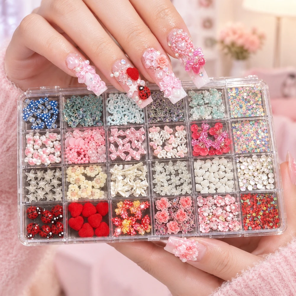 24Grids Assorted 3D Nail Rhinestones Mixed Color Bowknot Rose Heart Butterfly Nail Embellishments For Home DIY Nail Art Ornament