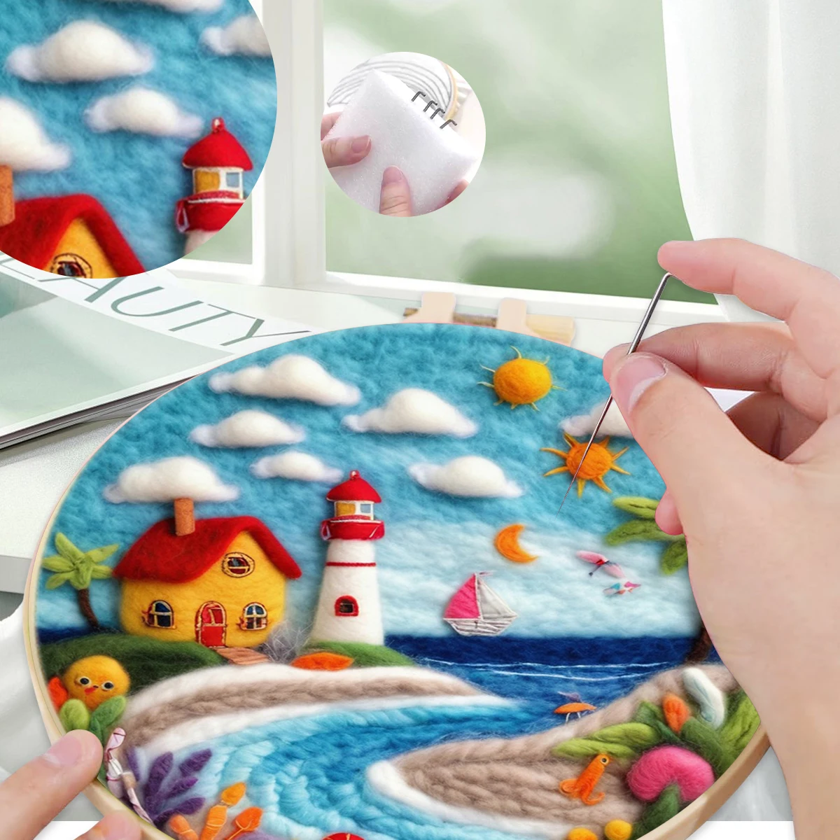 

SDOYUNO Wool Felt Painting Landscape blue Crafts Materials Diy Craft Kit Wool Felting Painting With Embroidery Frame Wall Art