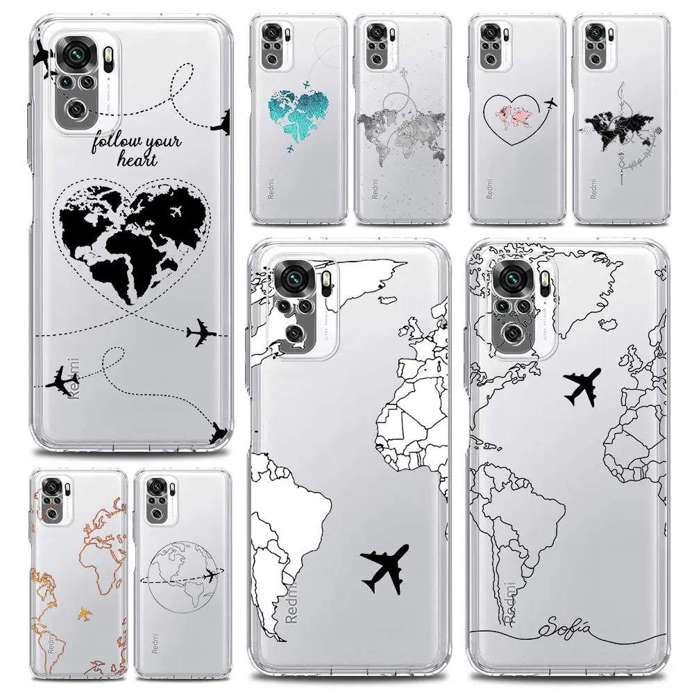 Phone Case For Redmi Note 13 12 5G 9S 9 8 10 11 Pro Plus 4G 9T 13C 12C 10C 9C 9A 7 Pro Cover Cartoon World map scenery direction