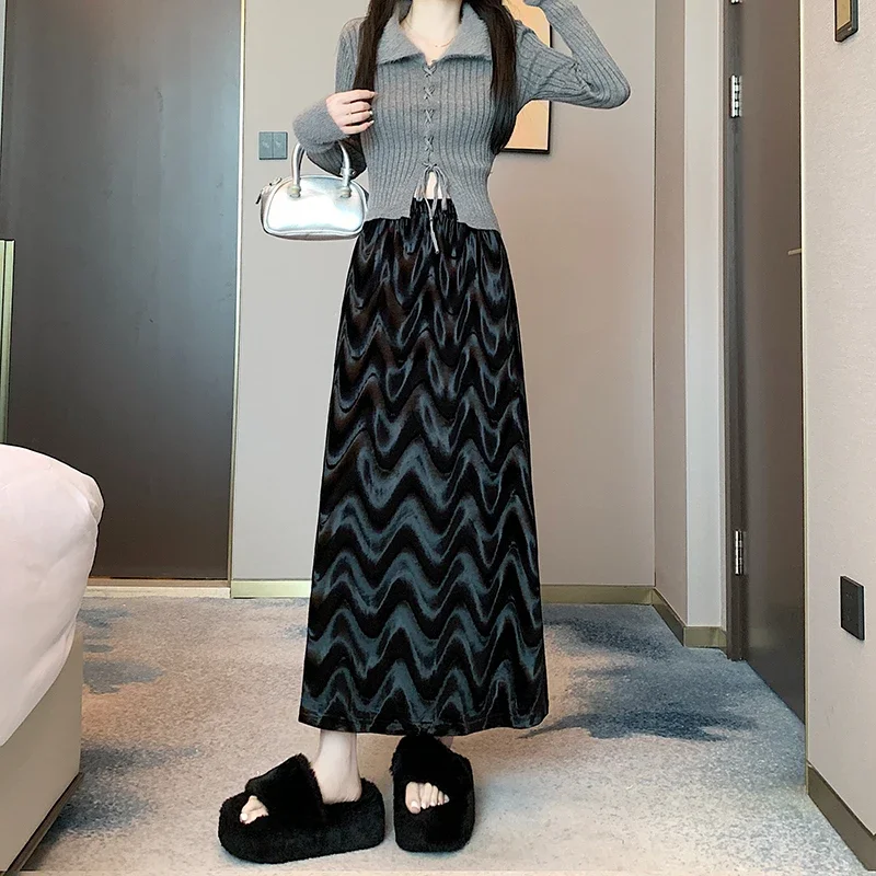 2024 Autumn/Winter New Design Wave Velvet Half Skirt High Waist Elegant A-line Skirt Long Skirt