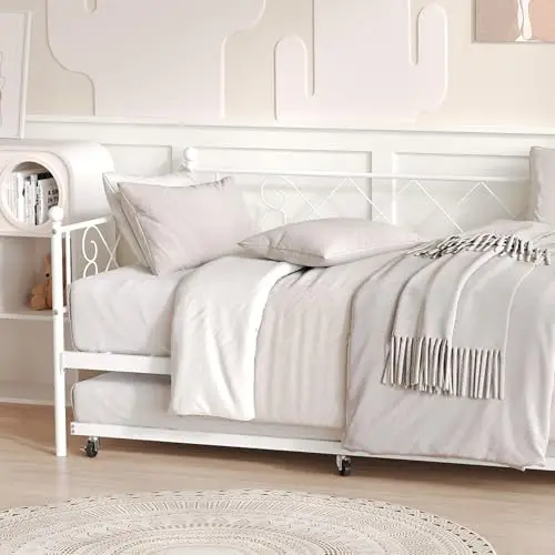 Twin Daybed with Trundle, Metal Frame Rolling Guest Bed | Designed for bedrooms, kids rooms, guest spaces, dorms &
