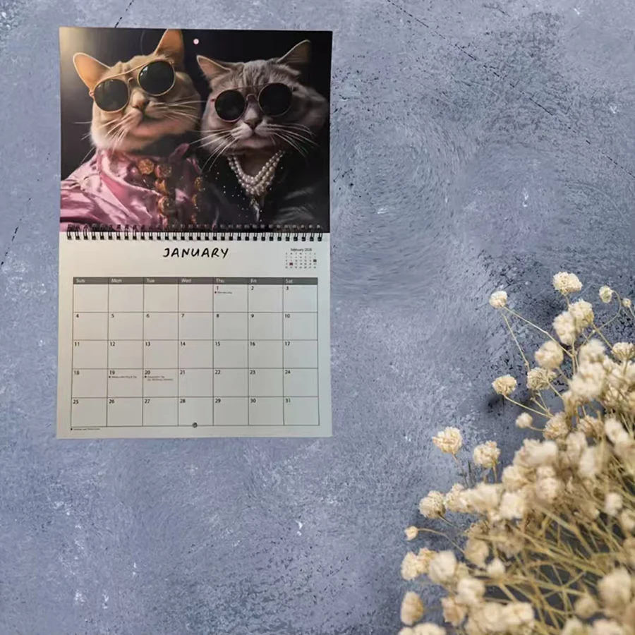 Подвесной календарь на 2026 год — три милых кошачьих узоров в модных очках, ежемесячный график с января в декабрь