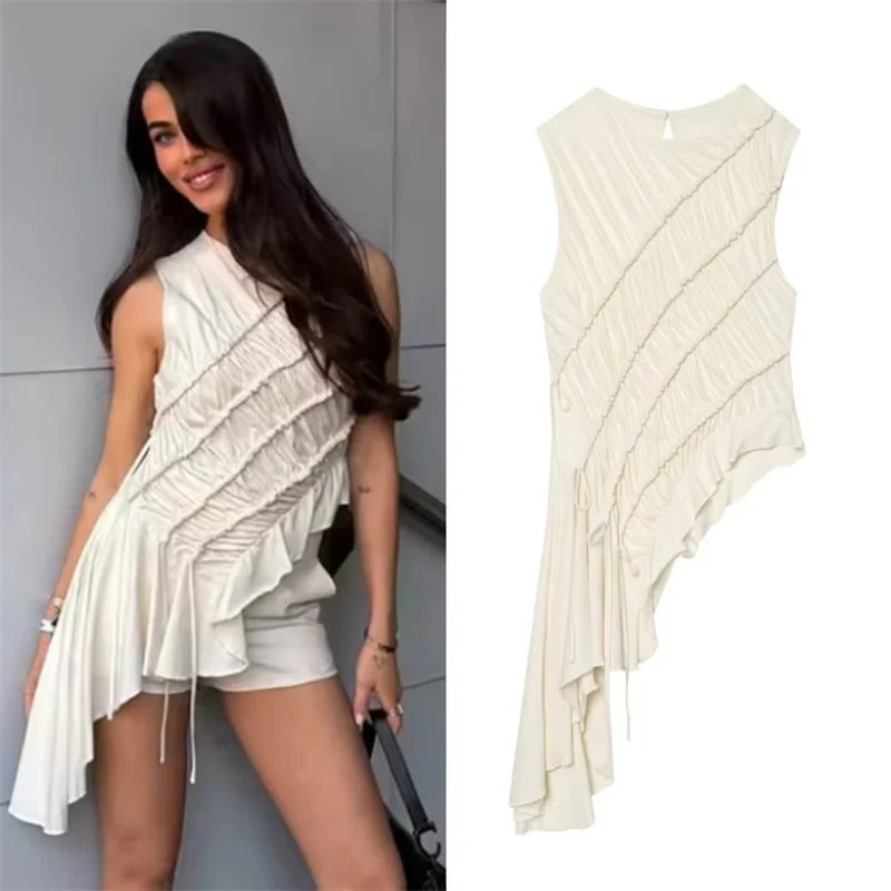 Women's Top 2026 Summer New Style White Sleeveless Ruched Asymmetrical Decorative Slim Fit Sexy Top Unique Fashion