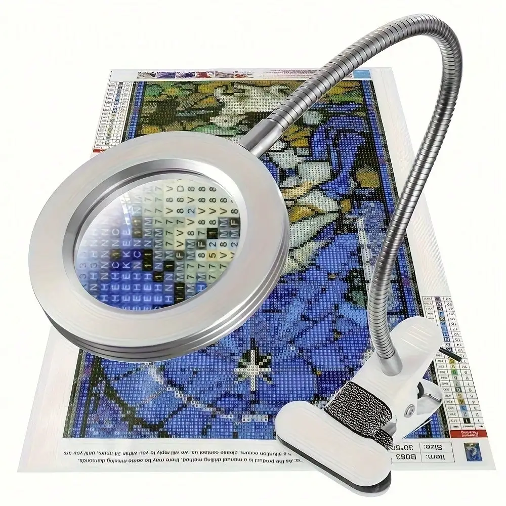 Diamond Painting Specialized Tool With Magnifier & Light - 5V USB LED Clamp Lamp, 10X Hands-Free Magnification, 3 Color Modes, 10 Brightness Levels, Flexible 18'' Gooseneck For Crafts, Sewing, Jewelry Making & More