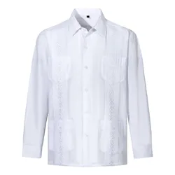 Men's Guayabera Solid Color White Casual Formal Basic Shirts Long Sleeve Lapel Button Up Beach T Shirt With Pockets Blouse Tops