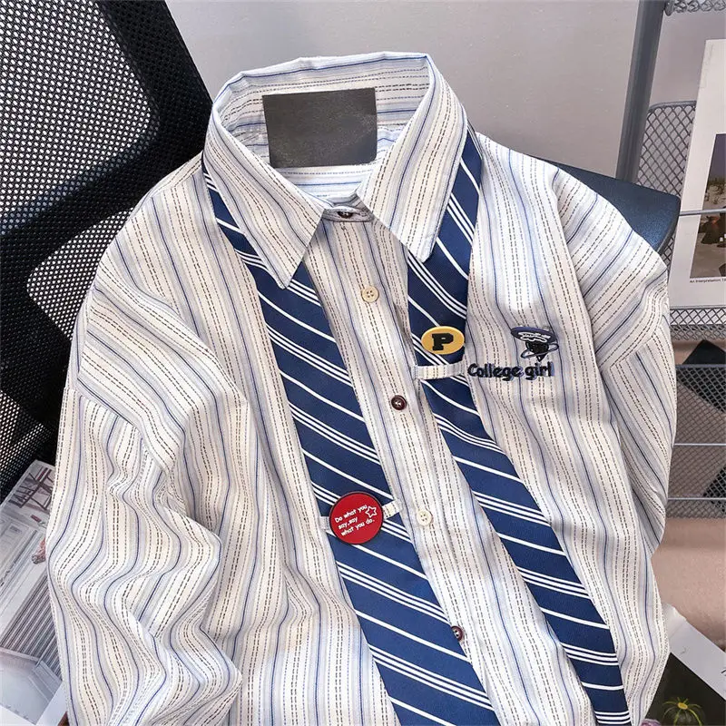 2023 New Spring and Autumn Fashion Loose Relaxed College Style Tie High Grade American Retro Art Stripe Men\'s Simple Shirt