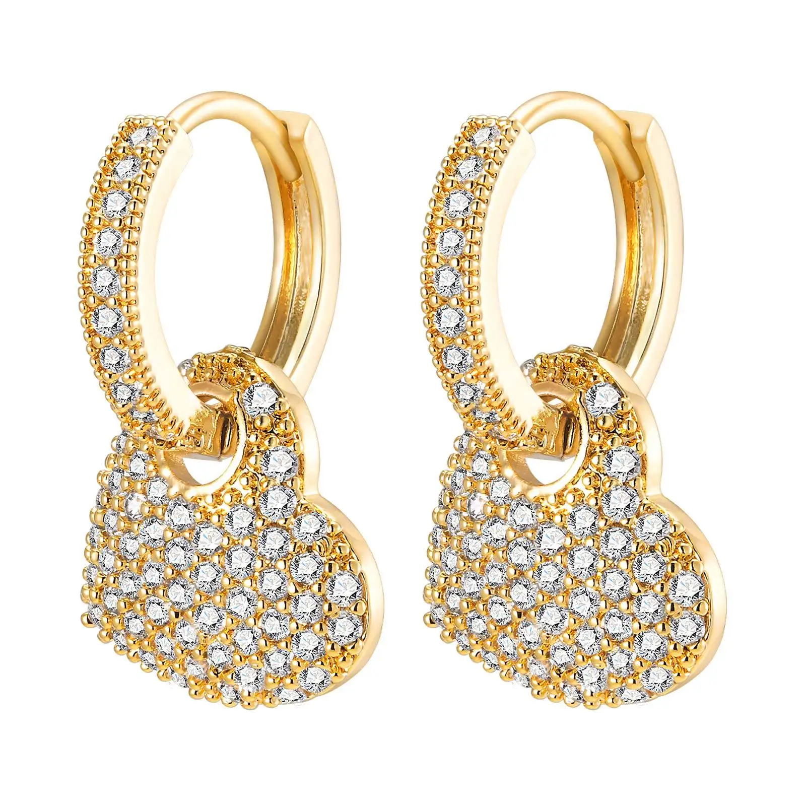 Trendy Gold Plated White CZ Stone Ear Jewelry Heart Huggie Hoop Earrings Dainty Drop Earrings for Women