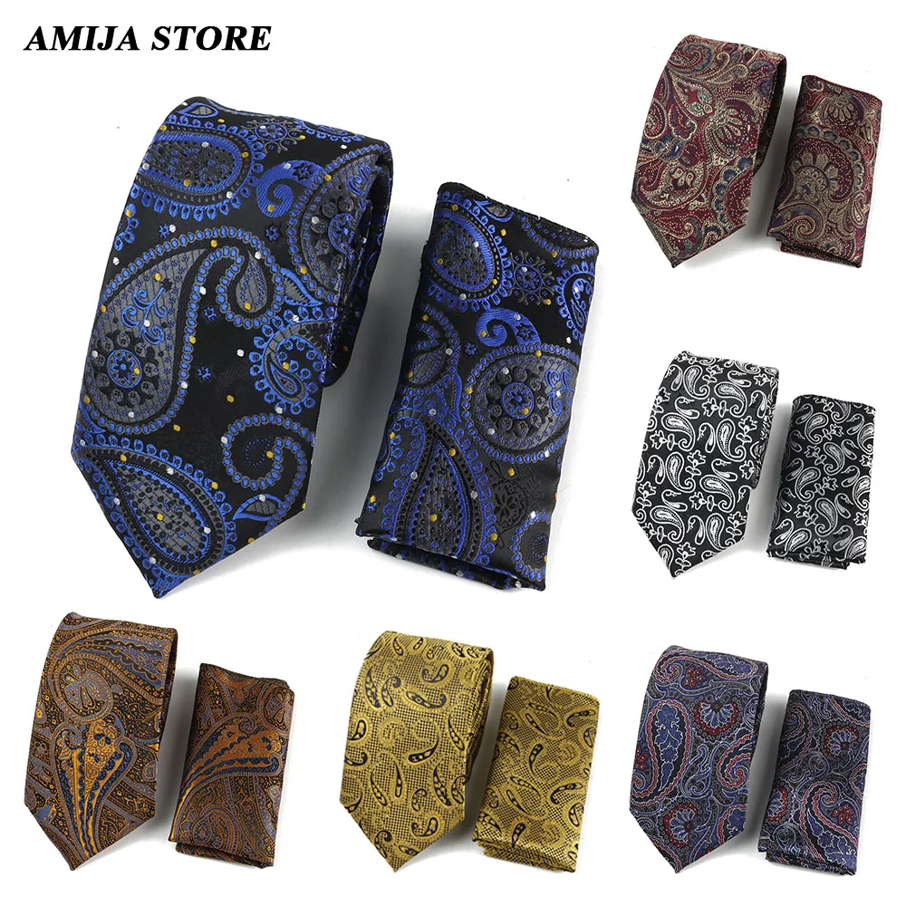 2Pcs Tie Handkerchief Set Navy Blue And Red Men's Necktie Paisley Pattern Poctet Square Polyester Ties For Wedding Party Gift