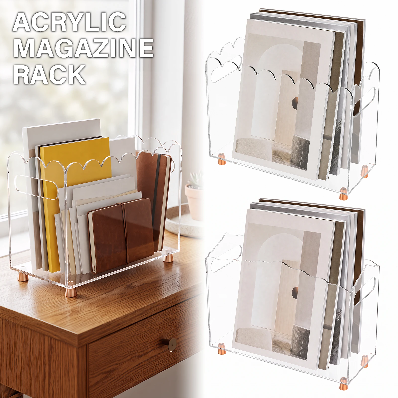 Boîte de rangement transparente pour bureau, présentoir à magazines en acrylique avec poignée, grande capacité, organisateur de dossiers et de livres pour le rangement au bureau.