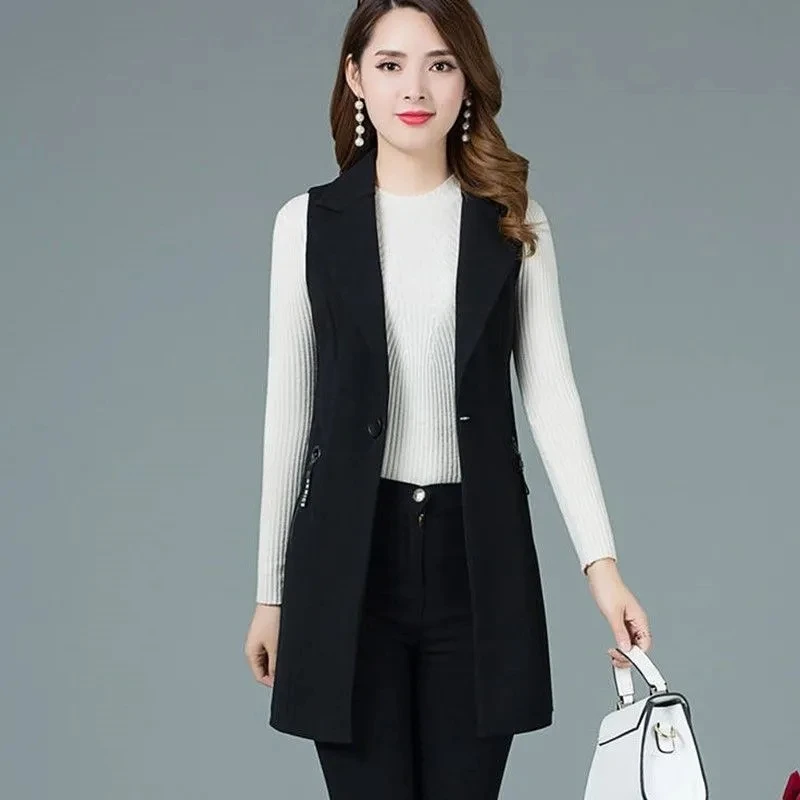 2024 Classic Women Long Blazer Vest Elegant Office Lady Coat Female Waistcoat Casual Suits Sleeveless Jacket Pocket Outwear