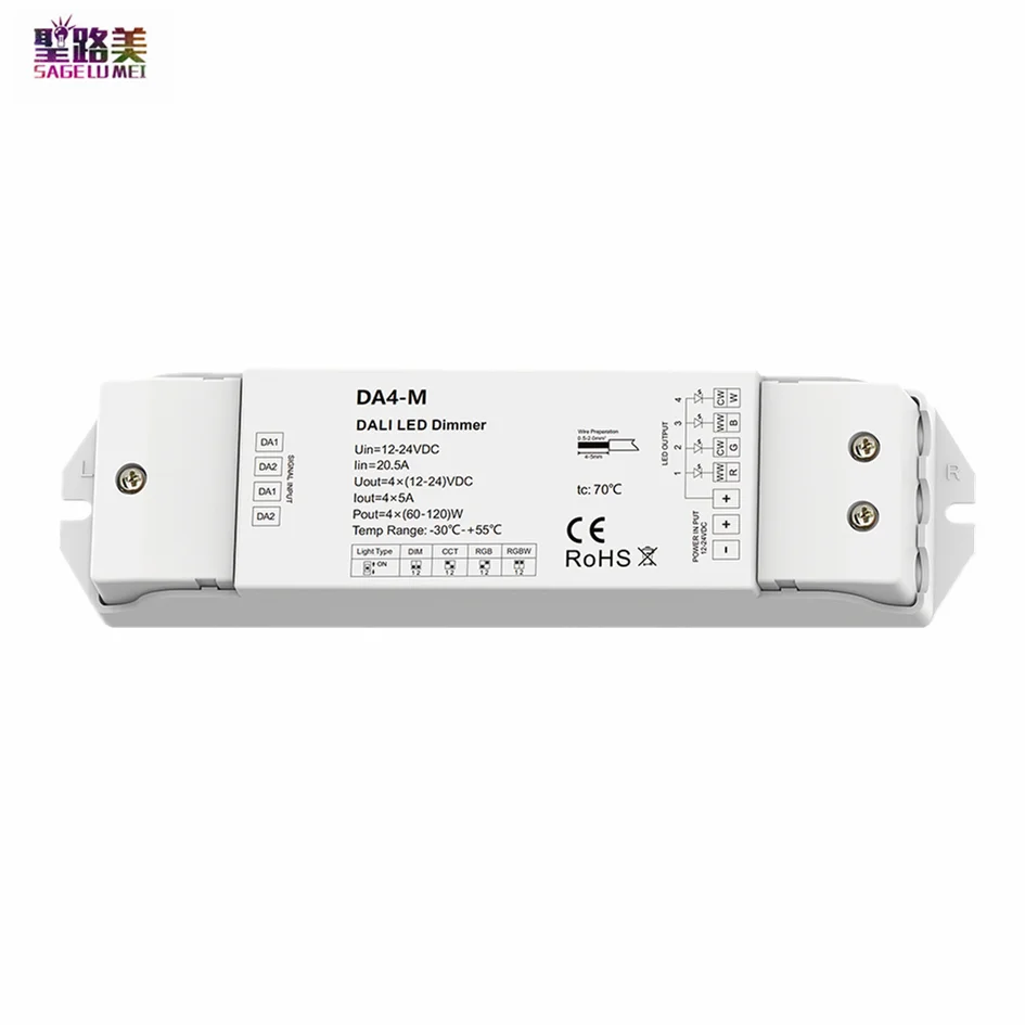

12V-24VDC 4CH DALI Dimmer DA4-M 1 Address/4 Channel/DT8 DT6/Constant voltage/PWM Dimming For Single Color/CCT/RGB/RGBW LED Tape