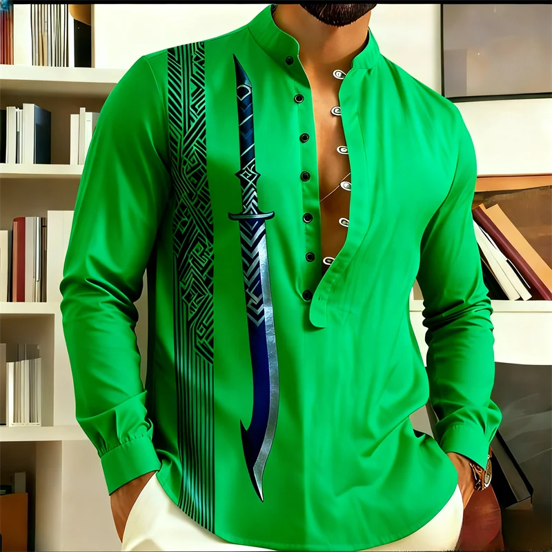 

Men's Long Sleeve Sword Print Ethnic Shirt | Mandarin Collar Slim Fit | Beige Blue Pattern | Business Casual Formal Blouse for O