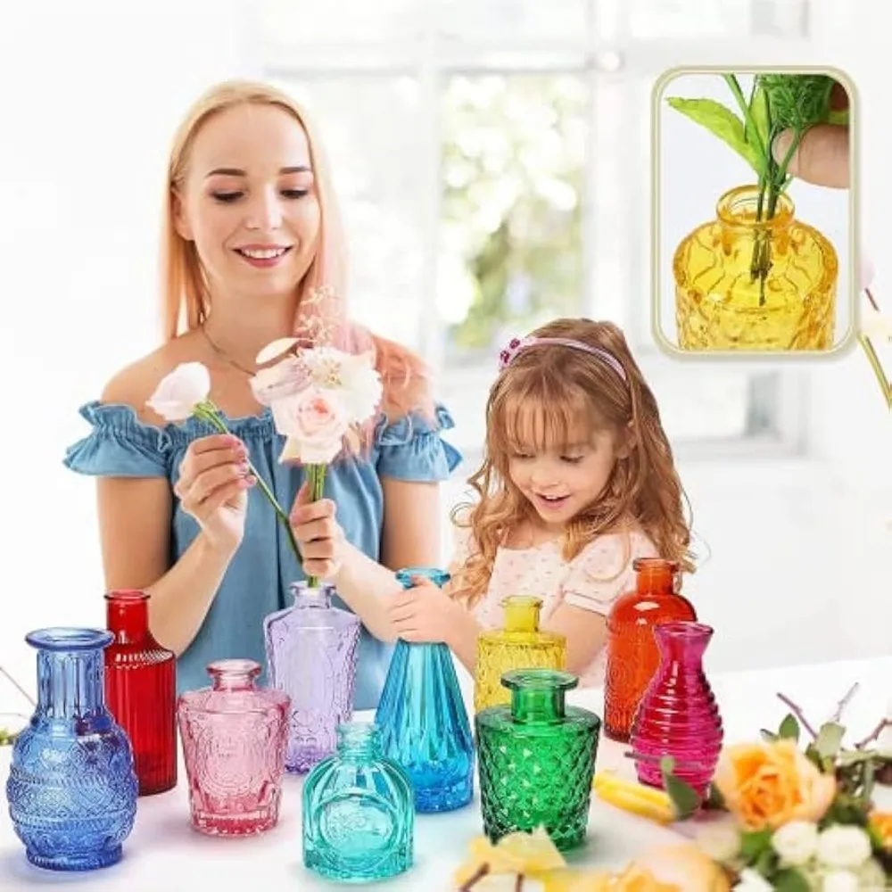 

60 Pcs Colored Glass Bud Vases Small Vases for Flowers Vintage Embossed Vases in Bulk Mini Glass Bottles