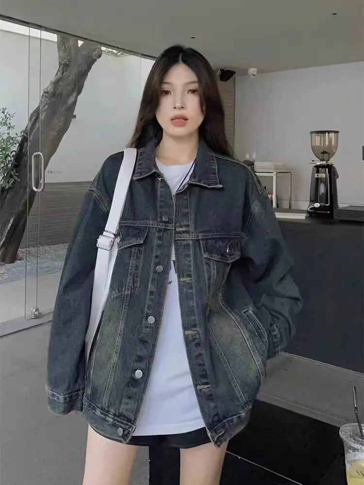 

Women Denim Jacket 2025 Spring New Pocket Stand Collar Workwear Single Breasted Button Streetwear Outwear Coat
