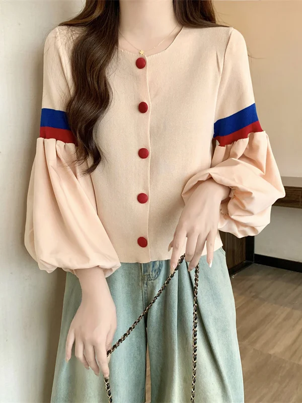 

Retro Color Blo Lantern Sve Knitted Sweater Women's Faionable Autumn Winter Top Age Defng Regular Fit Medium Thin