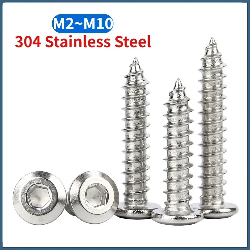 M2 M2.3 M2.6 M3 M4 M5 M6 M8 M10 304 Stainless Steel Allen Hexagon Hex Socket Large Flat Thin Wafer Head Self Tapping Wood Screw