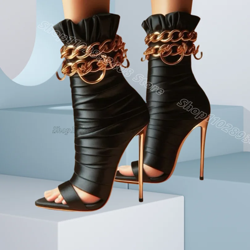 Black Chain Decor Trim Sandal Boots Pleated Stiletto Open Toe British Style Party Dress for Women Shoes 2025 Zapatos Para Mujere