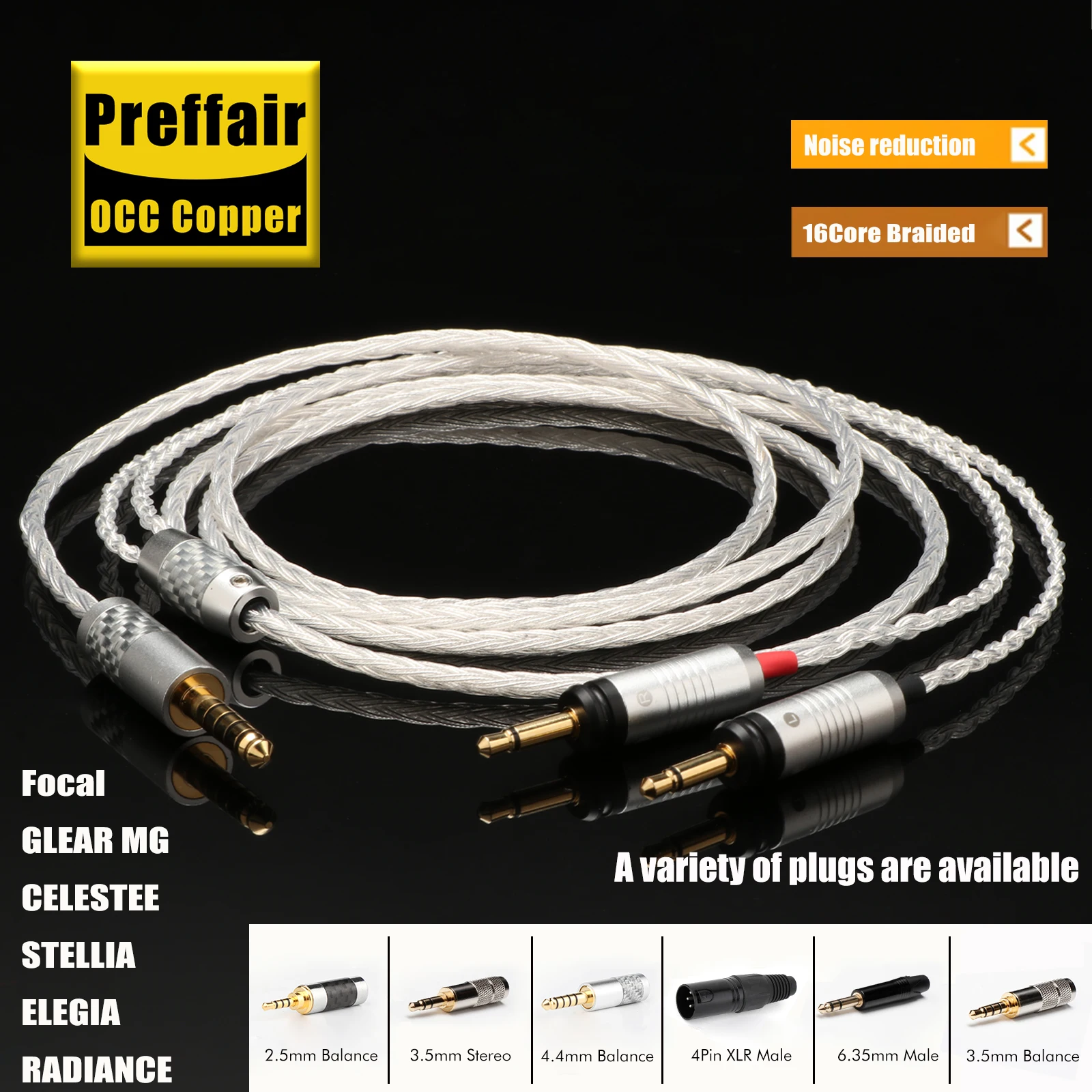 Preffair New 2.5/3.5/4.4/6.5mm Male Plug 16 Core OCC Copper Earphone Cable For Glear MG Celestee Stellia Elegia