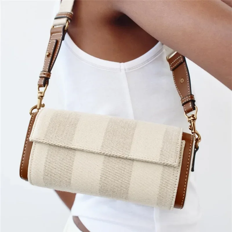 

Luxury Women Brand Canvas Striped Crossbody Bag Casual Pillow Boston Bowling Messenger Bag