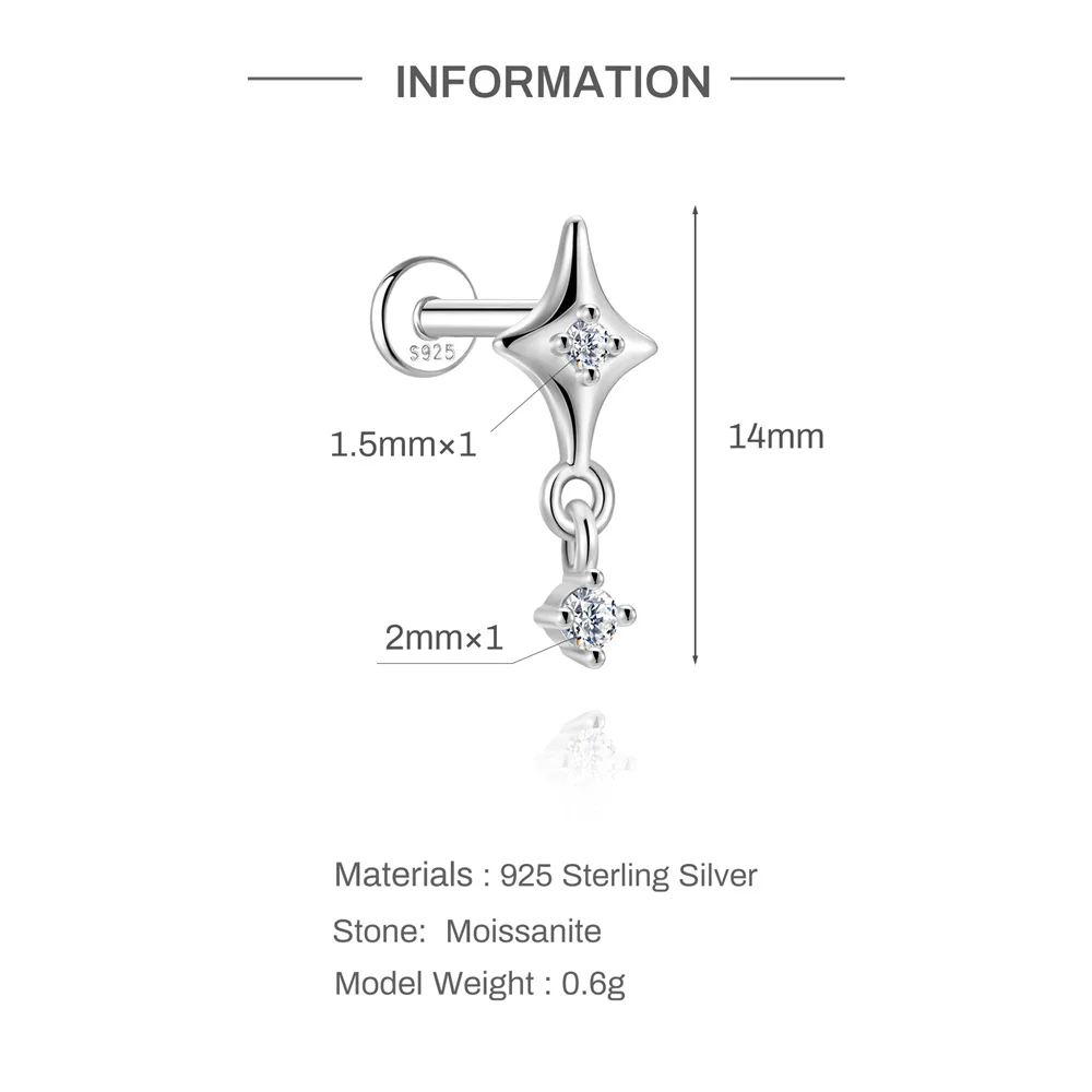 Aide S925 Sterling Silver Moissanite Piercing Stud Earring Assorted Dangle Earrings for Helix Tragus & Lobe Ear Stacking Jewelry