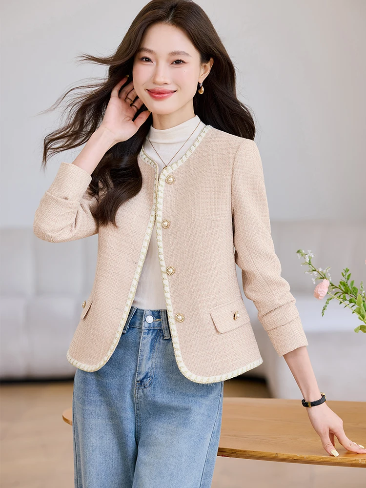 Giacca da donna alla moda da donna color albicocca, kaki, blu, con scollo a O, giacca casual da donna