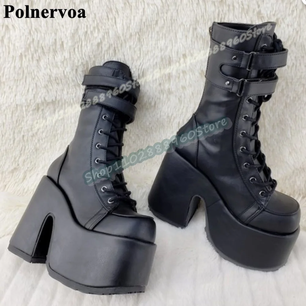 

Punk Style Mid Calf Black Cross Tied Platform Boots Thick Heel Shoes For Women Back Zipper Round Toe Sylish Party Casual Boots