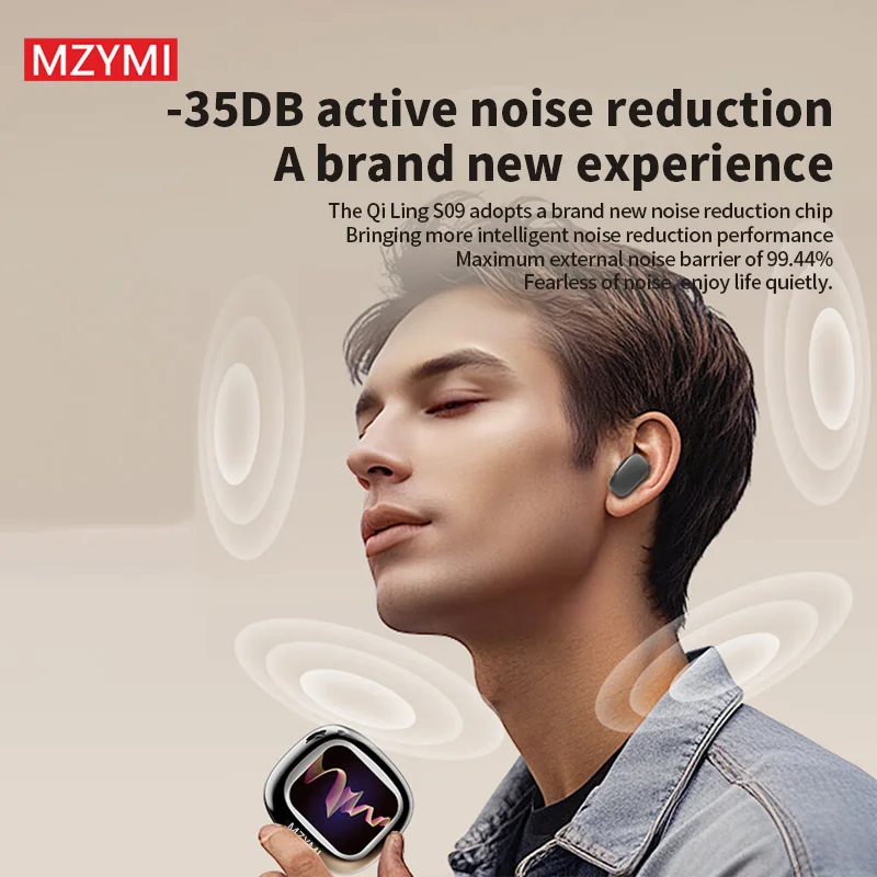 MZYMI ANC QLS09 Bluetooth 5.4 Earphones Noise Reduction Wireless Headphone TWS Full-Color Screen Sports Waterproof Headset